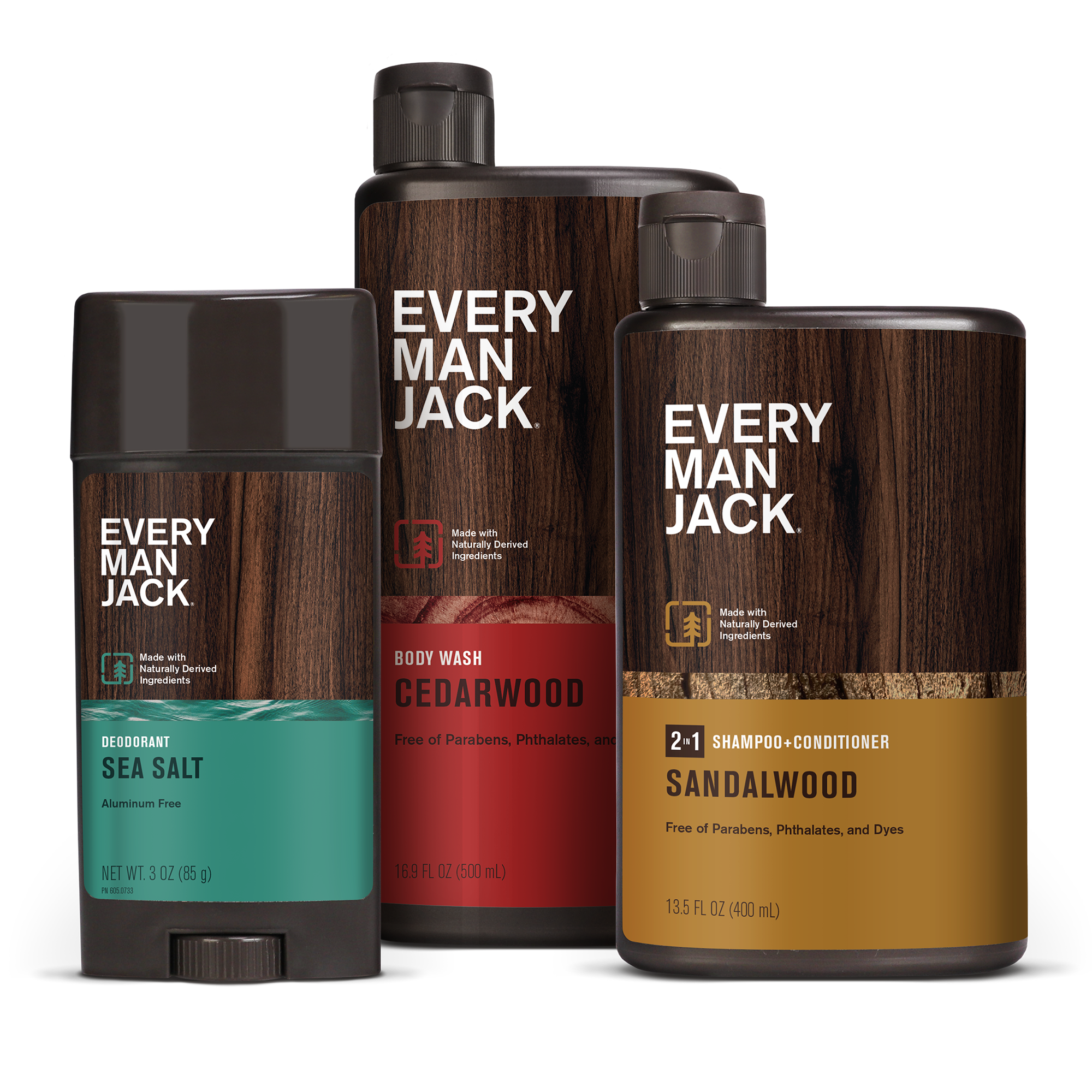 Every Man Jack deodorant, body wash, and shampoo-conditioner in Sea Salt, Cedarwood, and Sandalwood scents, respectively.