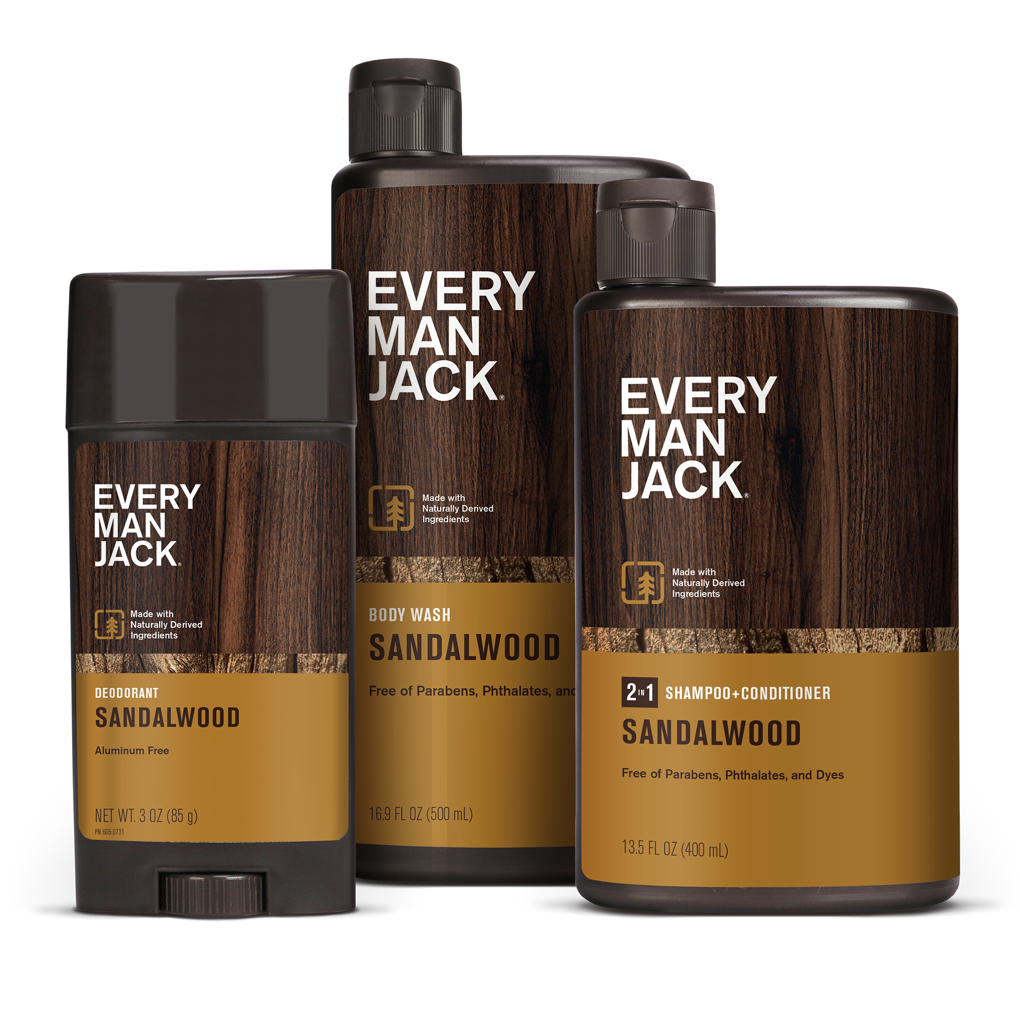 Every Man Jack Sandalwood product line including deodorant, body wash, and 2-in-1 shampoo-conditioner.
