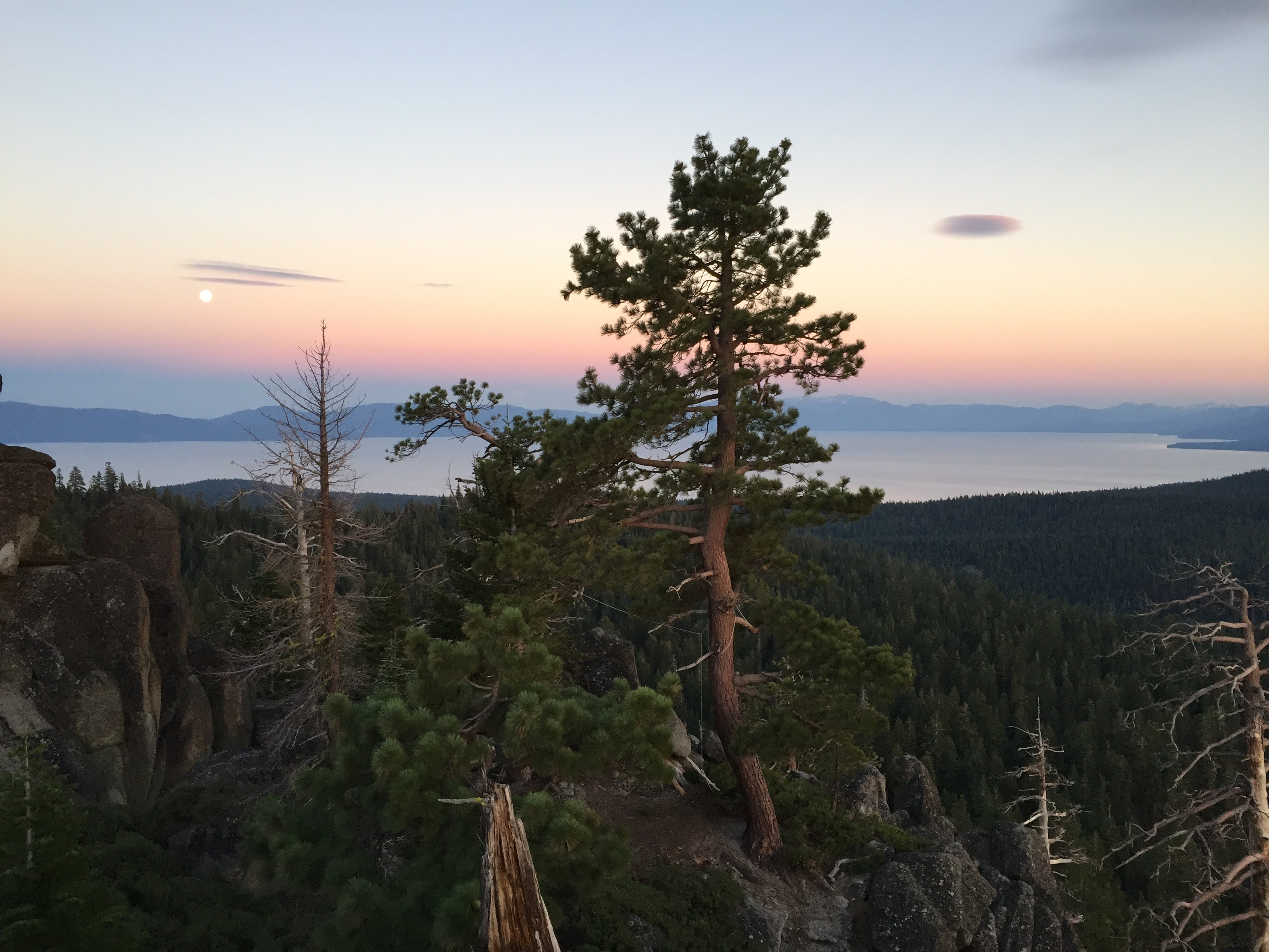 Scenic view of Lake Tahoe at sunset with trees in the foreground