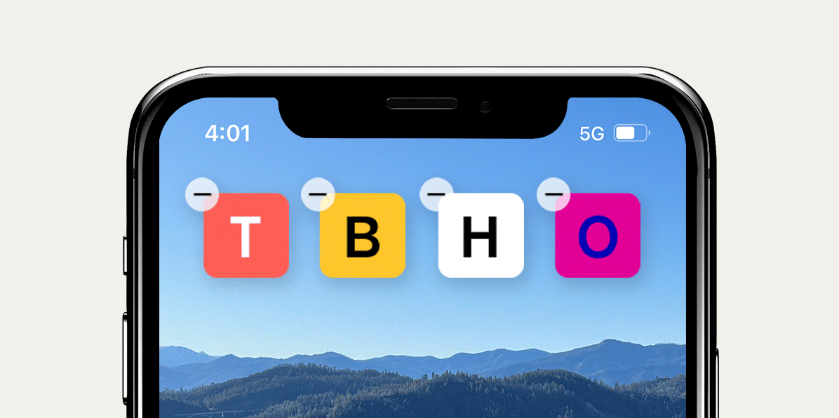 Smartphone screen showing time 4:01, 5G signal, battery icon, and four colorful app icons labeled T, B, H, O over a mountain background