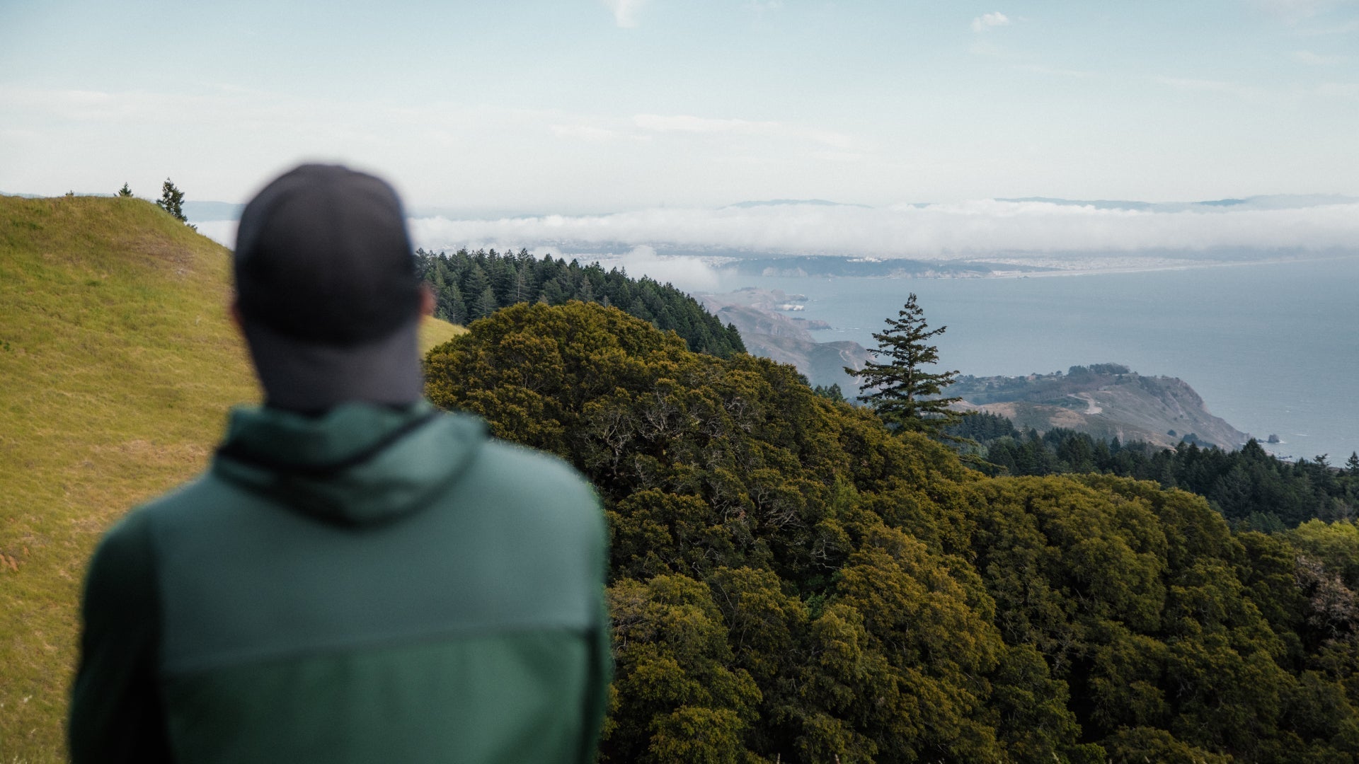 A person in a green jacket looking out over a scenic view of mountains and the ocean.