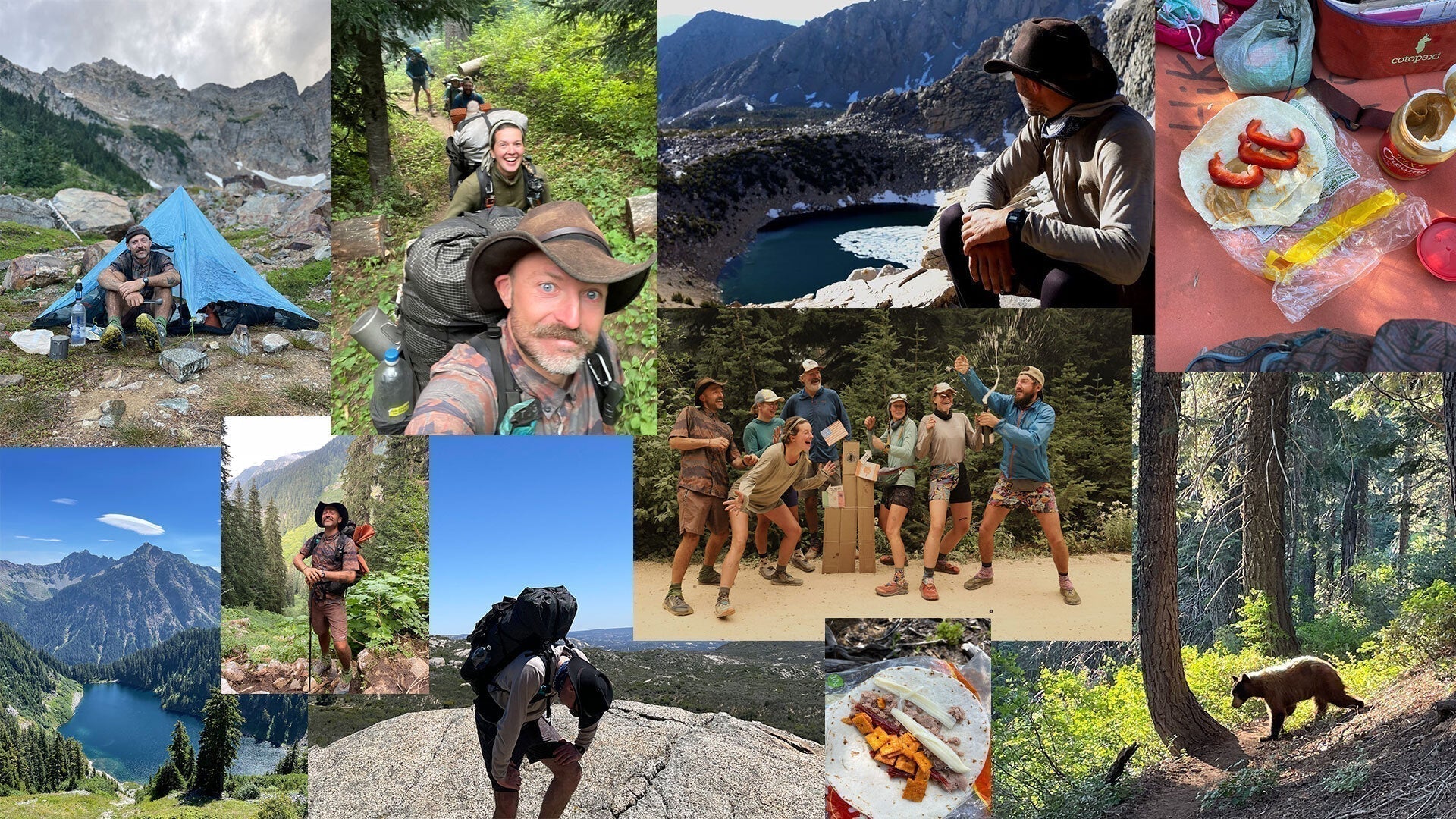 Collage of photos showing hikers camping, walking on trails, and resting in a forested mountain area along the Pacific Crest Trail.