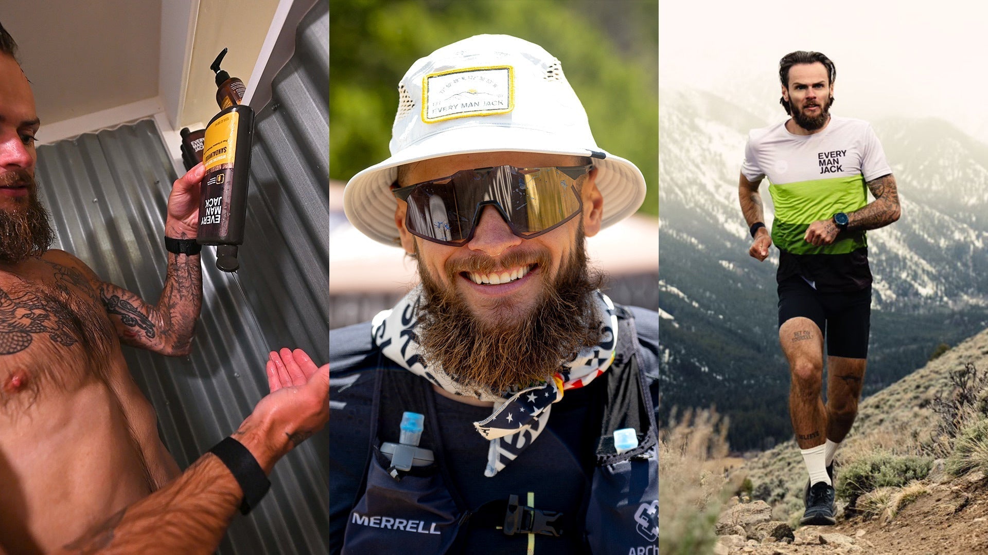 Three photos of ultrarunner Reid Burrows: flexing muscles, smiling with sunglasses and hat, and running on a trail.