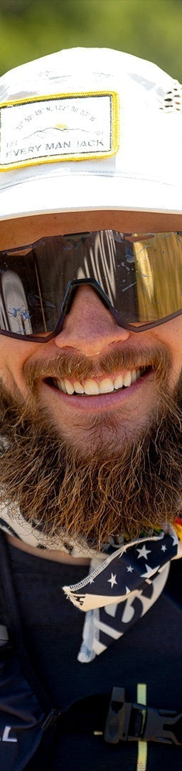 Three photos of ultrarunner Reid Burrows: flexing muscles, smiling with sunglasses and hat, and running on a trail.