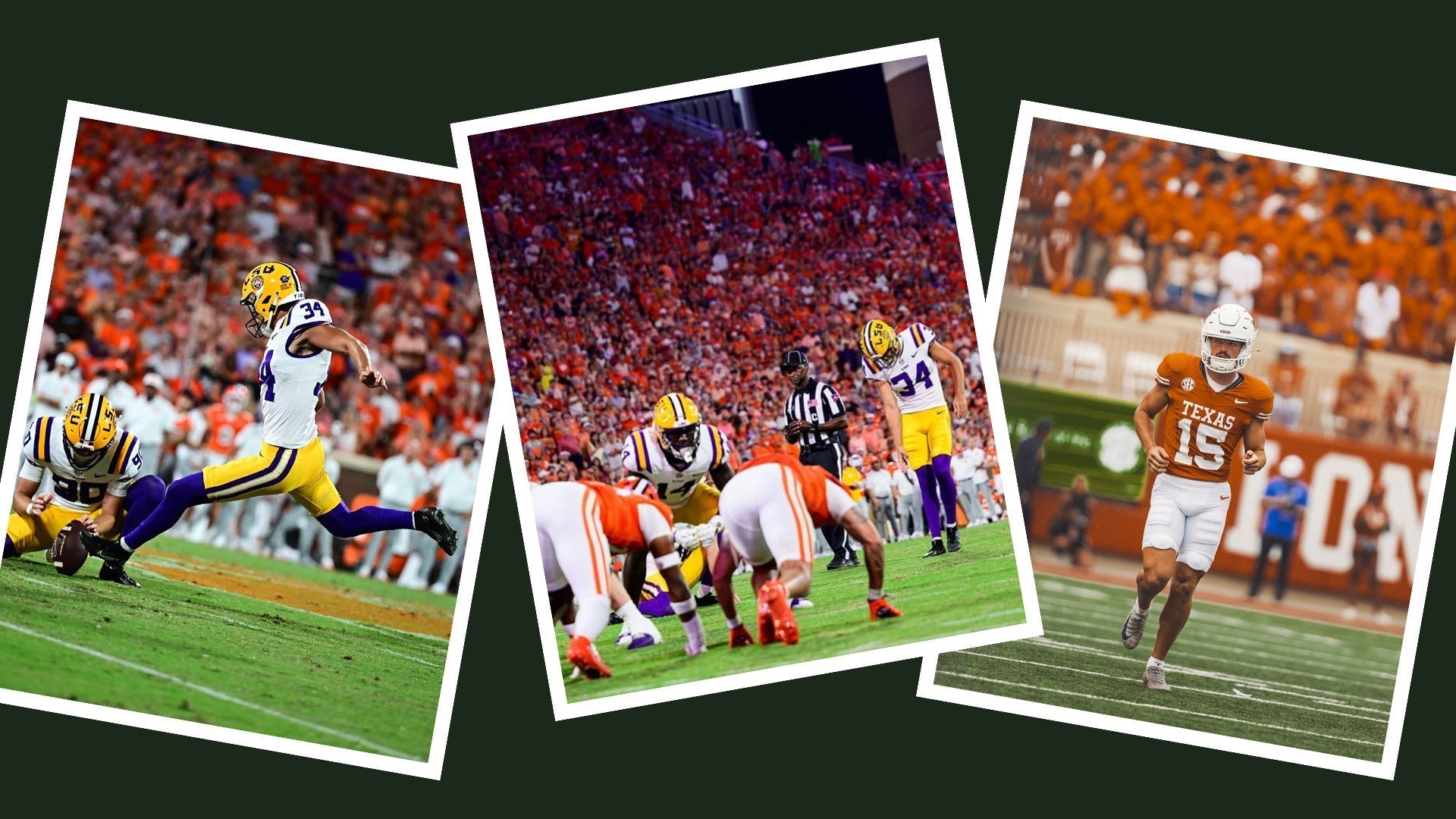 Collage: LSU players (purple/gold) and University of Texas athletes on the football field