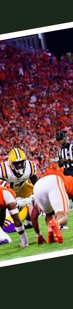 Collage: LSU players (purple/gold) and University of Texas athletes on the football field