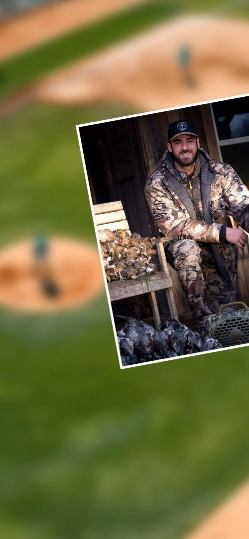 Collage over blurred baseball field: hunter in camouflage with dog and game birds (left); baseball player batting (right).