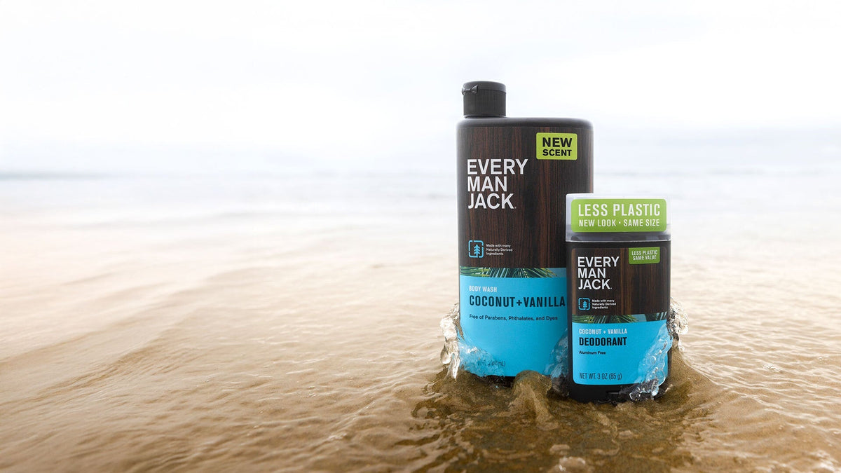 Front view of Every Man Jack Coconut + Vanilla body wash and deodorant set showing New Scent and Less Plastic labels in ocean