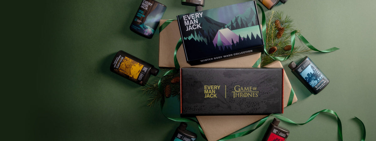 Every Man Jack × Game of Thrones gift boxes and bottles, labeled EVERY MAN JACK, GAME OF THRONES, WINTER BODY WASH COLLECTION.