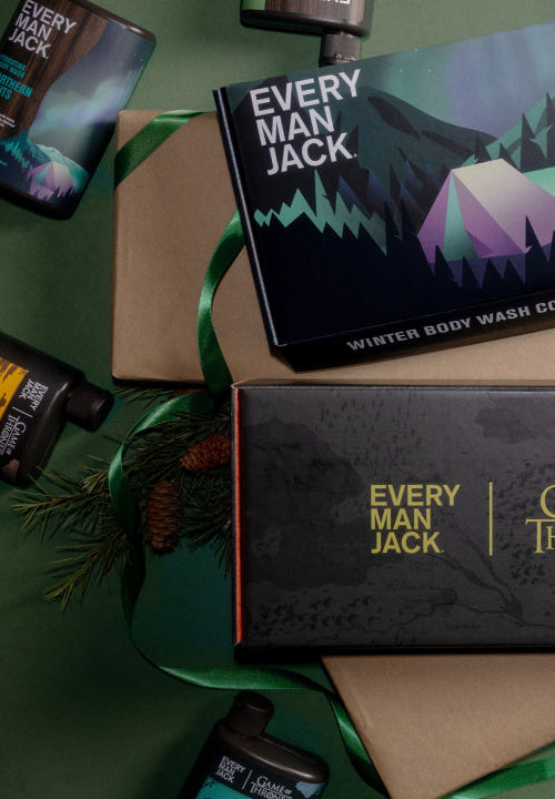 Every Man Jack × Game of Thrones gift boxes and bottles, labeled EVERY MAN JACK, GAME OF THRONES, WINTER BODY WASH COLLECTION.