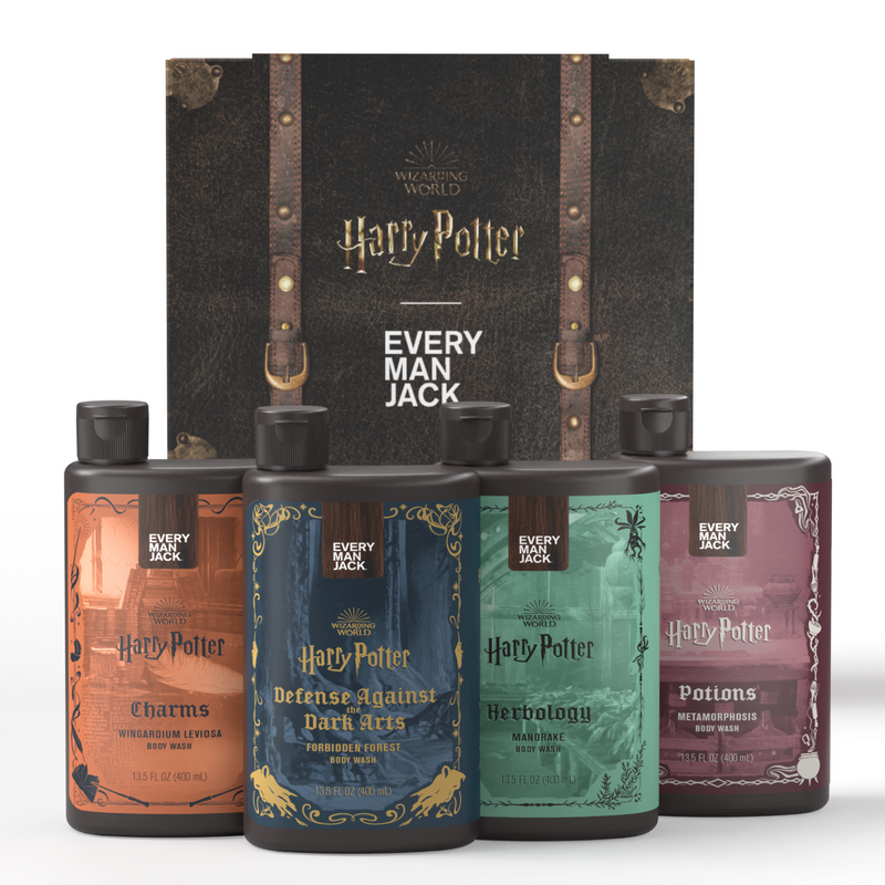 Harry Potter Body Wash Collector's Set featuring four bottles labeled Charms, Defense Against Dark Arts, Herbology, and Potions.
