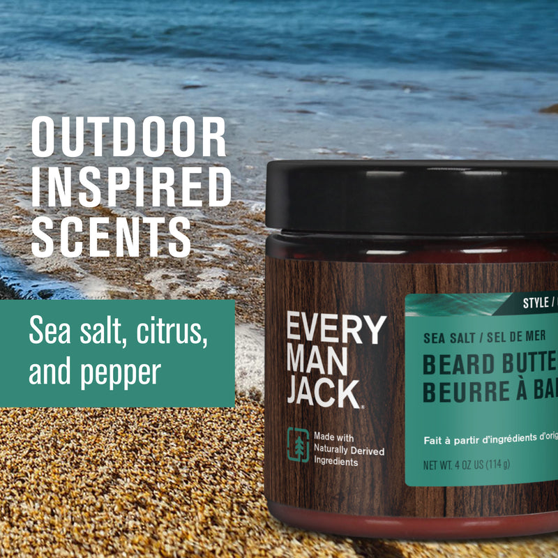 Beard Butter jar labeled Sea Salt scent with text Outdoor Inspired Scents, Sea salt, citrus, and pepper