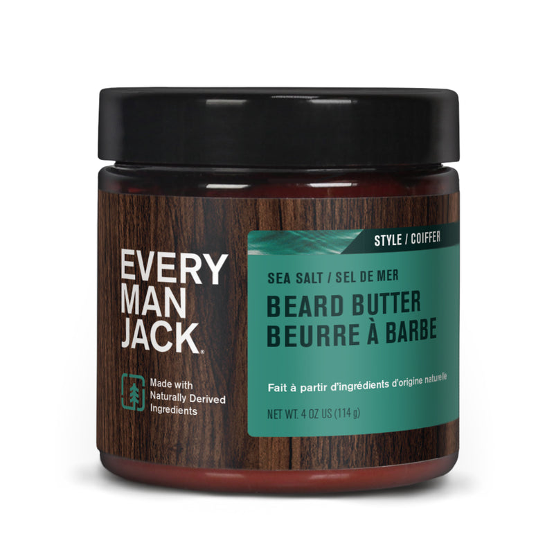 Every Man Jack Sea Salt Beard Butter jar with natural ingredients label
