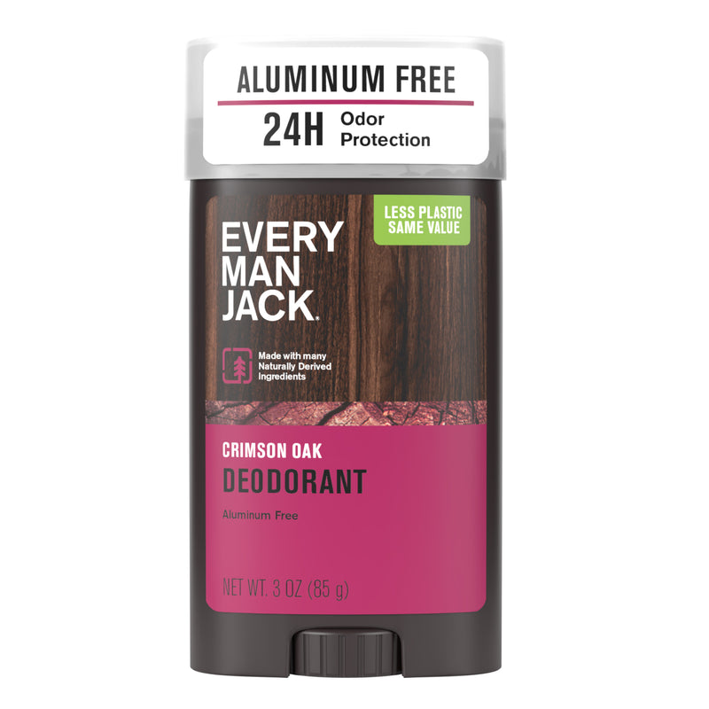Front view of Crimson Oak Aluminum Free Deodorant showcasing 24 hour odor protection and 3 oz size with a white background