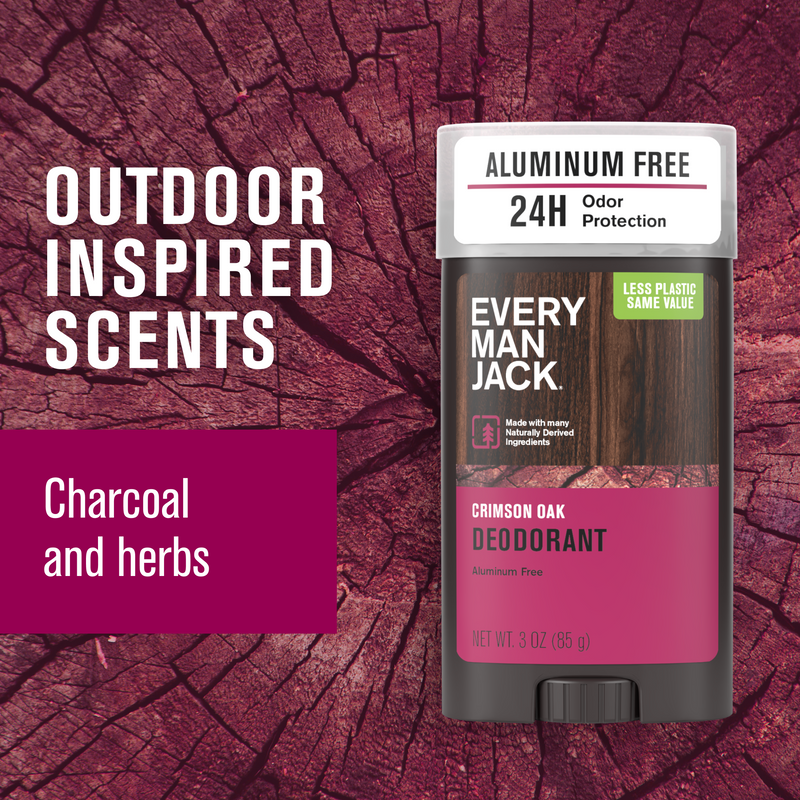 Every Man Jack Crimson Oak deodorant stick packaging showing ALUMINUM FREE, 24H Odor Protection, LESS PLASTIC SAME VALUE labels.