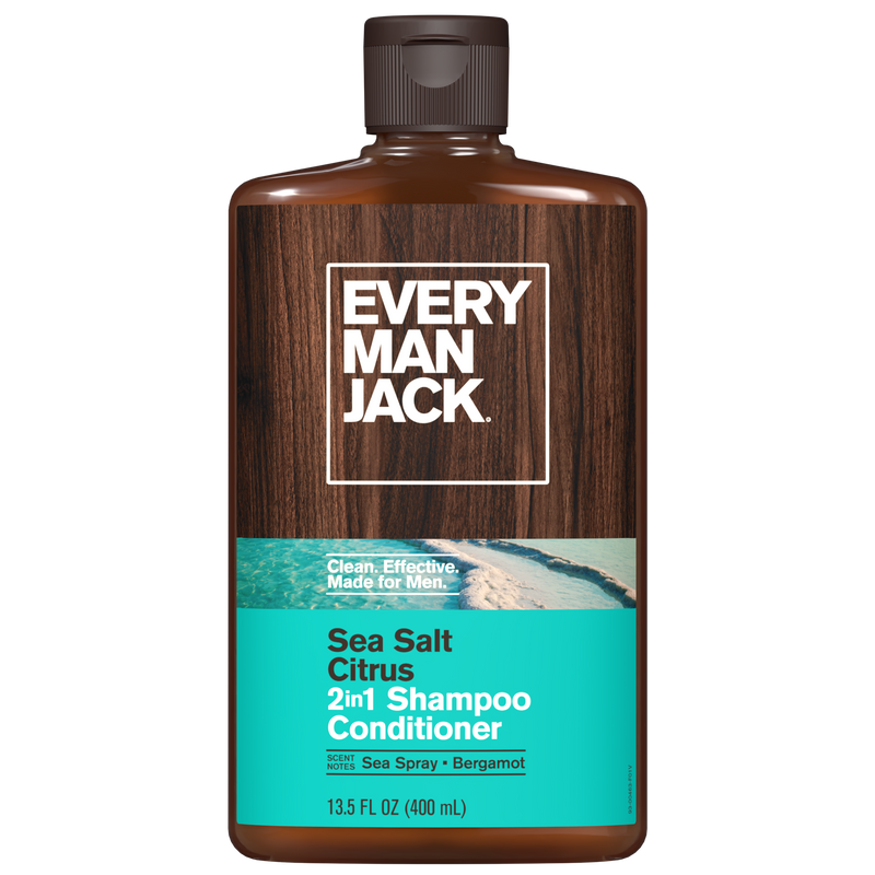 Front view of Sea Salt Citrus 2-in-1 Shampoo and Conditioner bottle with woodgrain packaging and turquoise label