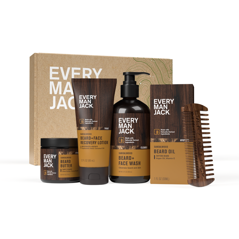 Beard Gift Set including beard butter, beard oil, beard wash, and recovery lotion in a box.