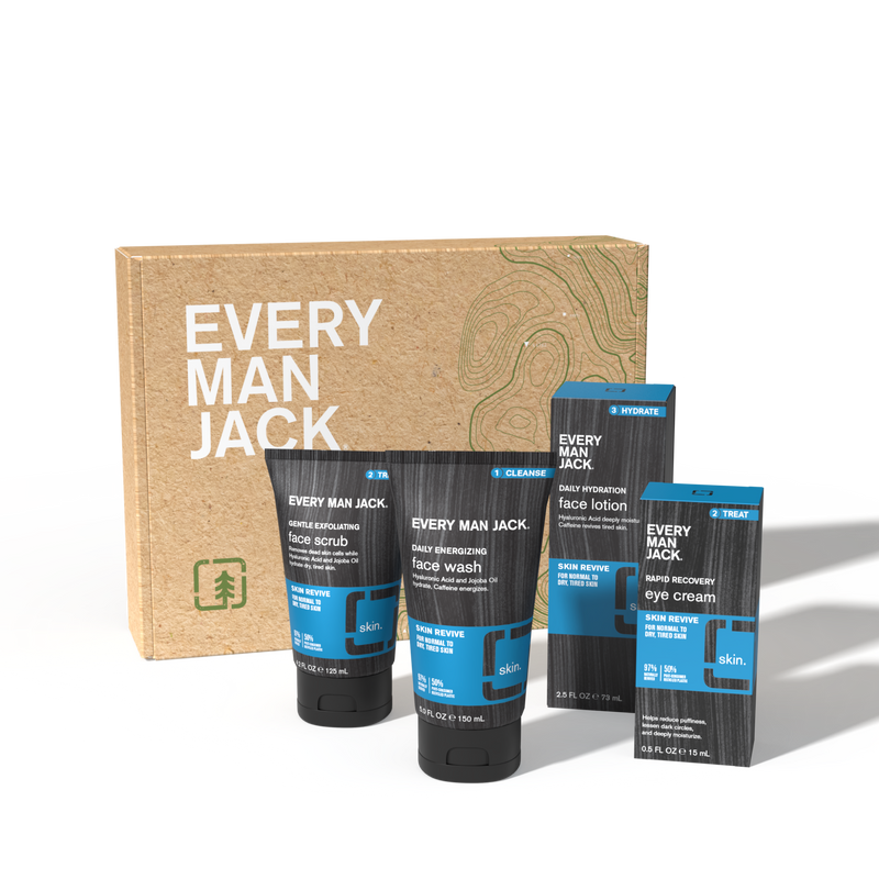 Every Man Jack Skin Revive Regimen Set including face scrub, face wash, face lotion, and eye cream with packaging showing product benefits and usage instructions.