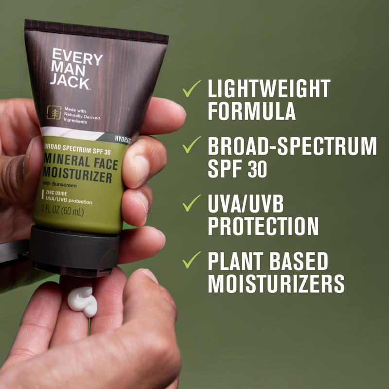 Every Man Jack Mineral Face Moisturizer tube (Broad Spectrum SPF 30) being squeezed, white cream dispensed.