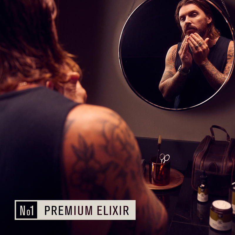 A man applying beard oil in front of a mirror, labeled 'No1 PREMIUM ELIXIR'