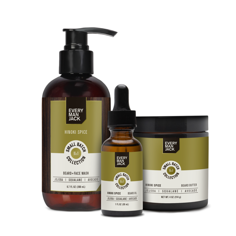 Hinoki Spice Beard-Face Wash, Beard Oil, and Beard Butter in Small Batch Beard Collection Bundle