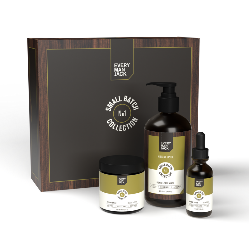 Small Batch Collection featuring Hinoki Spice products: body wash, beard oil, and cream.