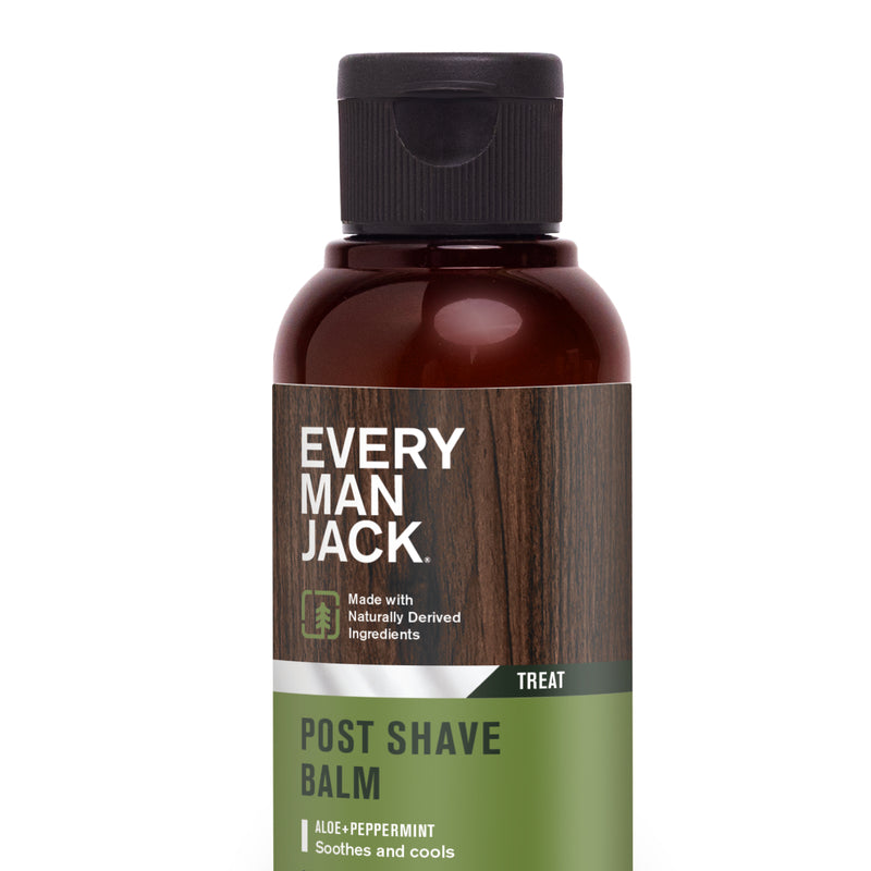 Every Man Jack post shave balm bottle with aloe and peppermint, soothes and cools, made with naturally derived ingredients