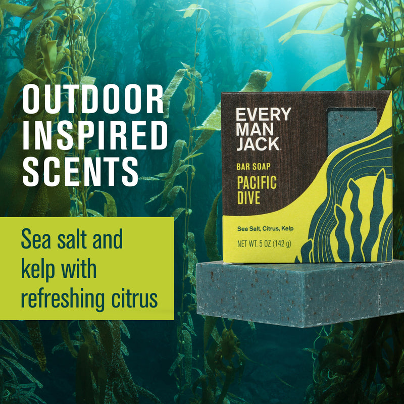 Every Man Jack bar soap Pacific Dive with sea salt, citrus, kelp on underwater kelp forest background