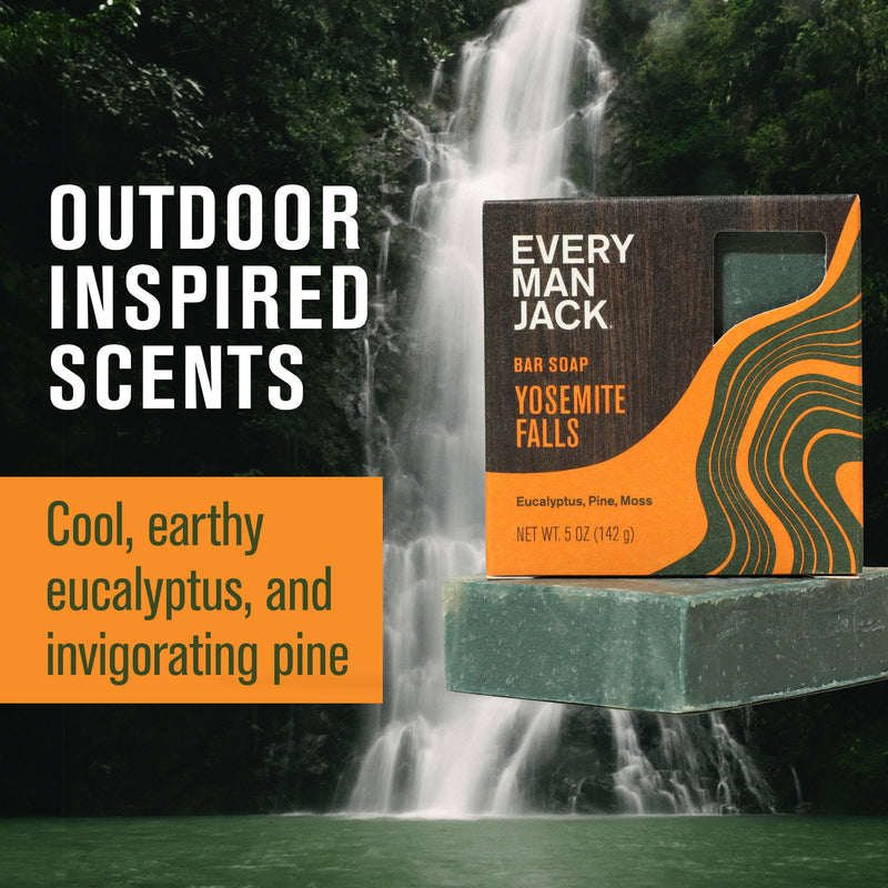 EVERY MAN JACK Yosemite Falls bar soap box on waterfall with headline 'OUTDOOR INSPIRED SCENTS'