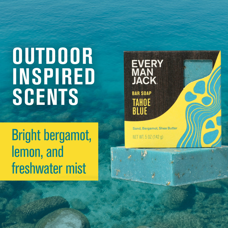 EVERY MAN JACK BAR SOAP - TAHOE BLUE. OUTDOOR INSPIRED SCENTS. Bright bergamot, lemon, and freshwater mist.