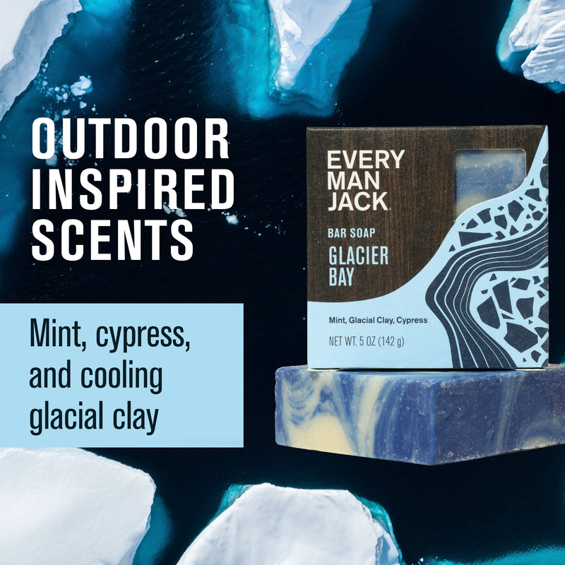 EVERY MAN JACK bar soap — GLACIER BAY; OUTDOOR INSPIRED SCENTS: Mint, cypress, and cooling glacial clay