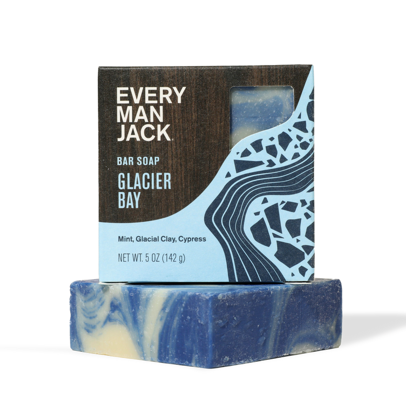 EVERY MAN JACK BAR SOAP GLACIER BAY Mint, Glacial Clay, Cypress NET WT. 5 OZ (142 g) — packaged bar with blue marbled soap.