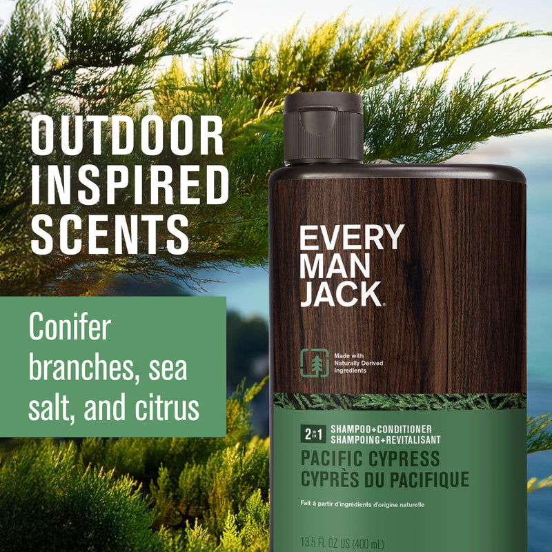 Every Man Jack Pacific Cypress 2:1 shampoo+conditioner bottle against conifer foliage and seascape background