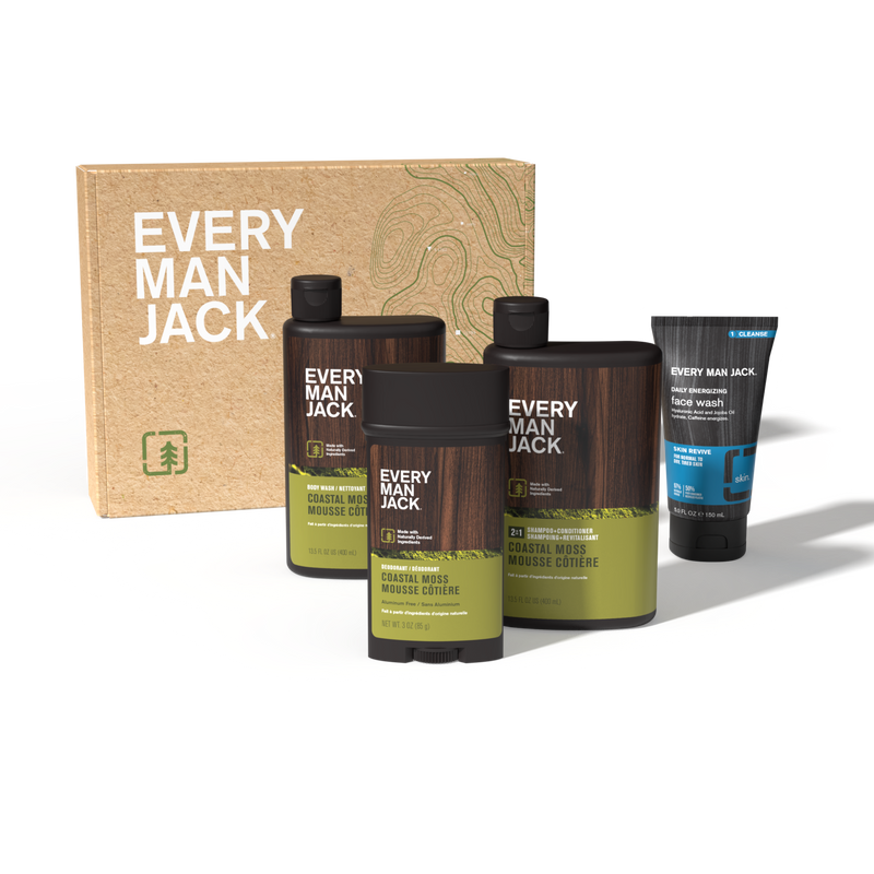 Front view of Body Gift Set showcasing Coastal Moss grooming products with an Every Man Jack gift box on a white background