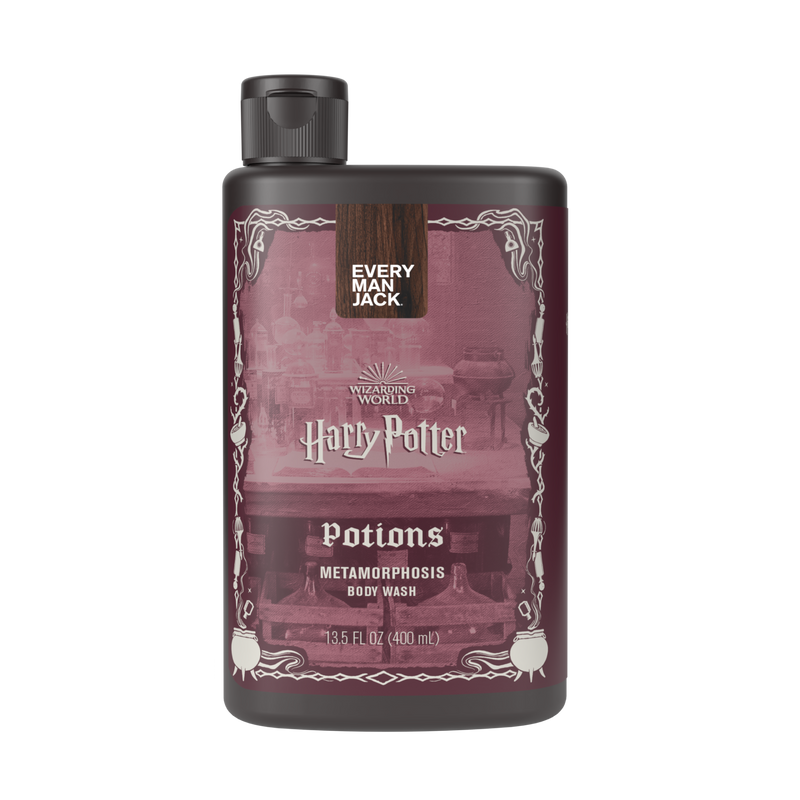 Harry Potter Potions Metamorphosis Body Wash bottle with a dark design and potion imagery.
