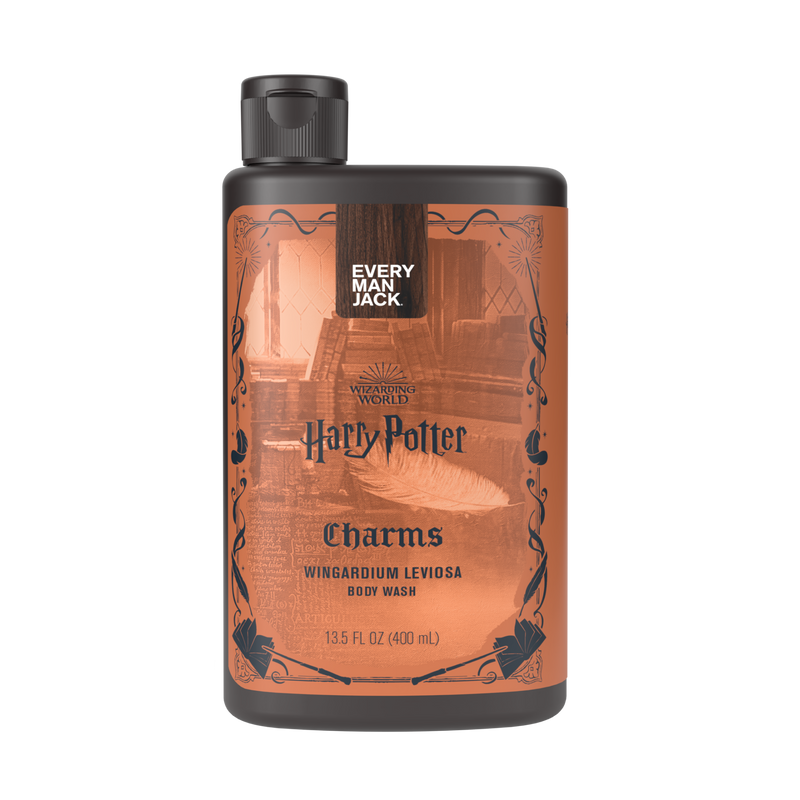Front view of Harry Potter body wash showcasing the Charms Wingardium Leviosa label and 13.5 fl oz bottle against a transparent background
