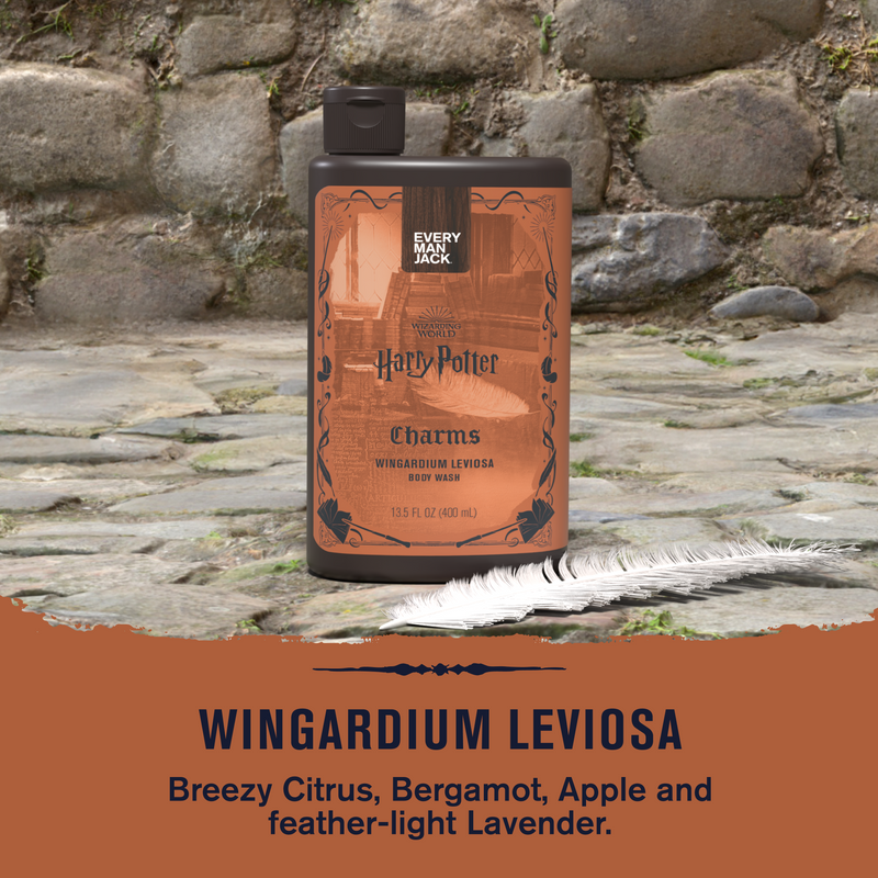 Wingardium Leviosa body wash bottle with breezy citrus, bergamot, apple, and lavender scent