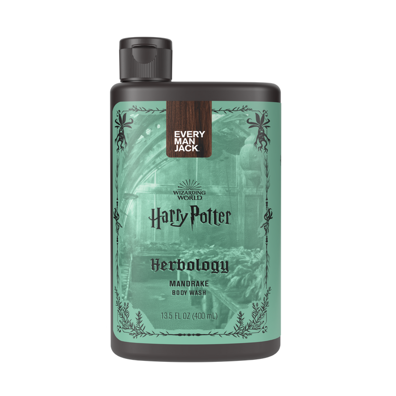 Front view of Harry Potter Herbology Mandrake body wash showcasing a 13.5 fl oz bottle on a transparent background