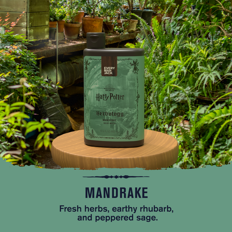 Mandrake body wash bottle with fresh herbs, earthy rhubarb, and peppered sage scent notes.