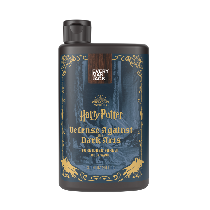 Front view of Harry Potter body wash with Forbidden Forest Defense Against the Dark Arts label, 13.5 fluid ounces