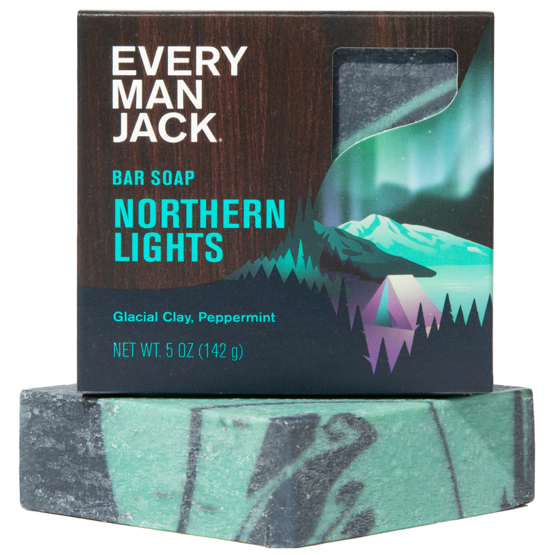 EVERY MAN JACK; BAR SOAP; NORTHERN LIGHTS; Glacial Clay, Peppermint; NET WT. 5 OZ (142 g)