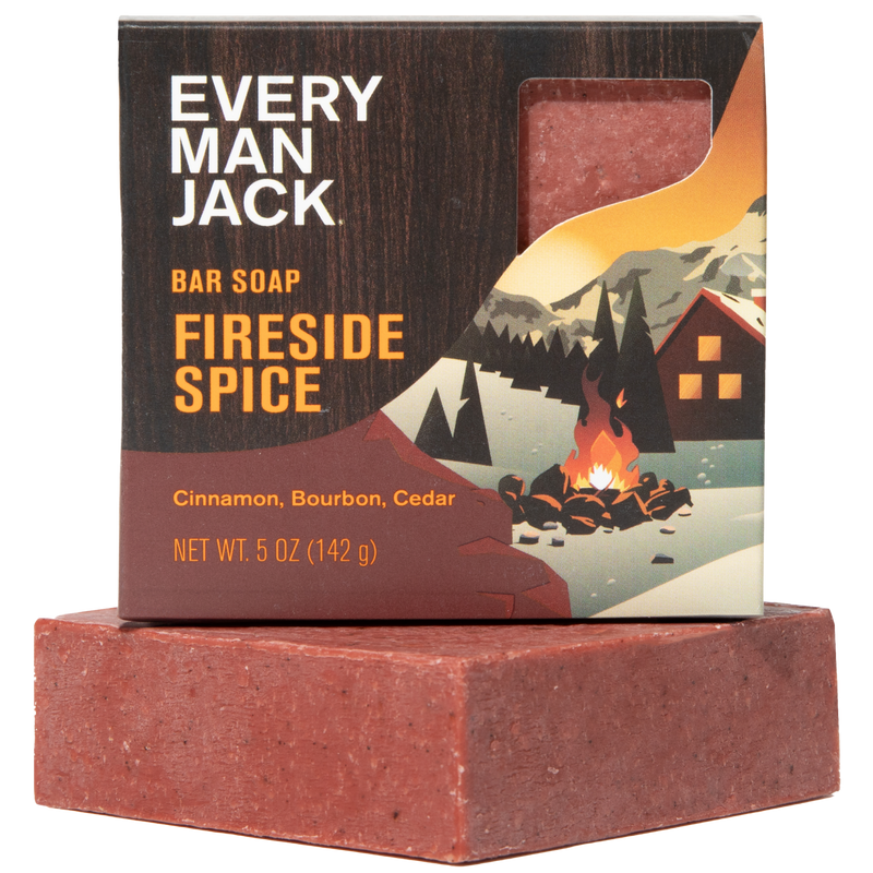 EVERY MAN JACK BAR SOAP FIRESIDE SPICE. Cinnamon, Bourbon, Cedar. NET WT. 5 OZ (142 g)