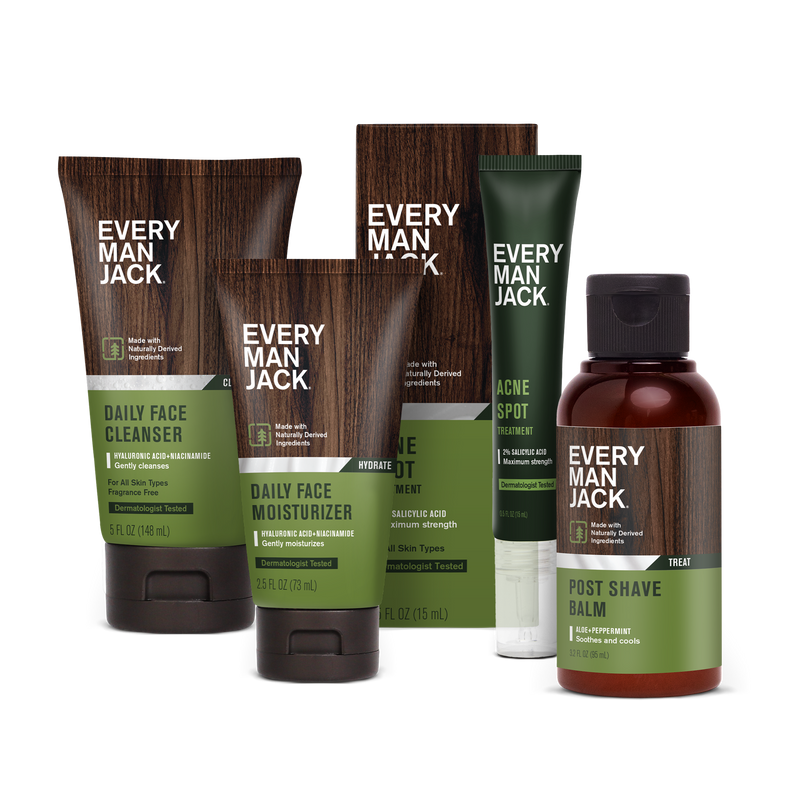 Every Man Jack skincare bundle including Daily Face Cleanser, Daily Face Moisturizer, Acne Spot Treatment, Post Shave Balm.