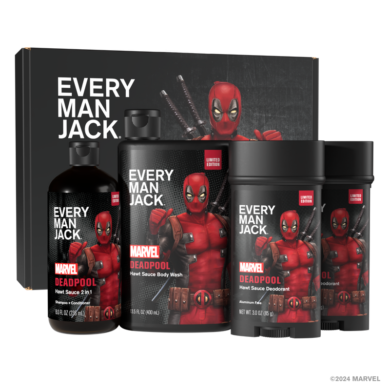 Gift set of Every Man Jack Marvel Deadpool personal care products including shampoo + conditioner, body wash, and deodorant sticks, featuring Deadpool character and branding.
