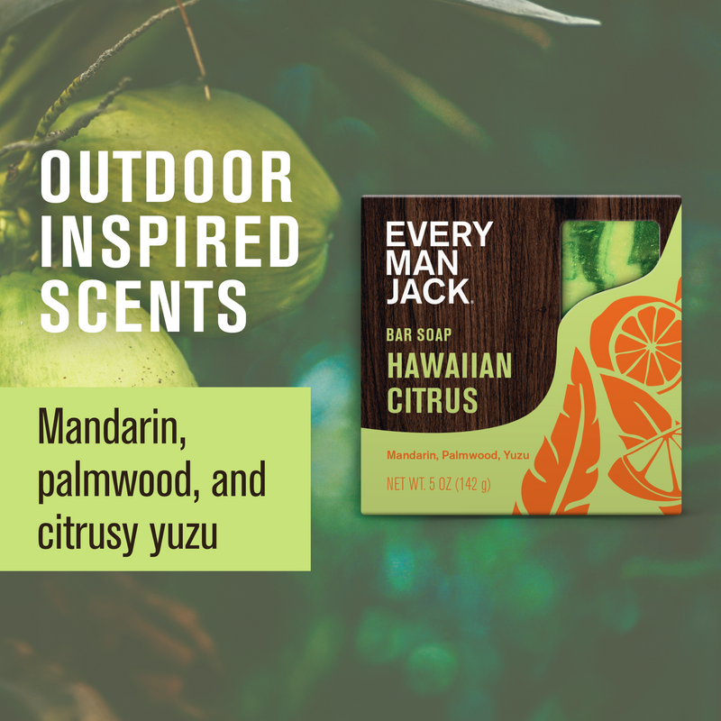 Every Man Jack Hawaiian Citrus bar soap, 'Mandarin, Palmwood, Yuzu' label, green background, 'OUTDOOR INSPIRED SCENTS'