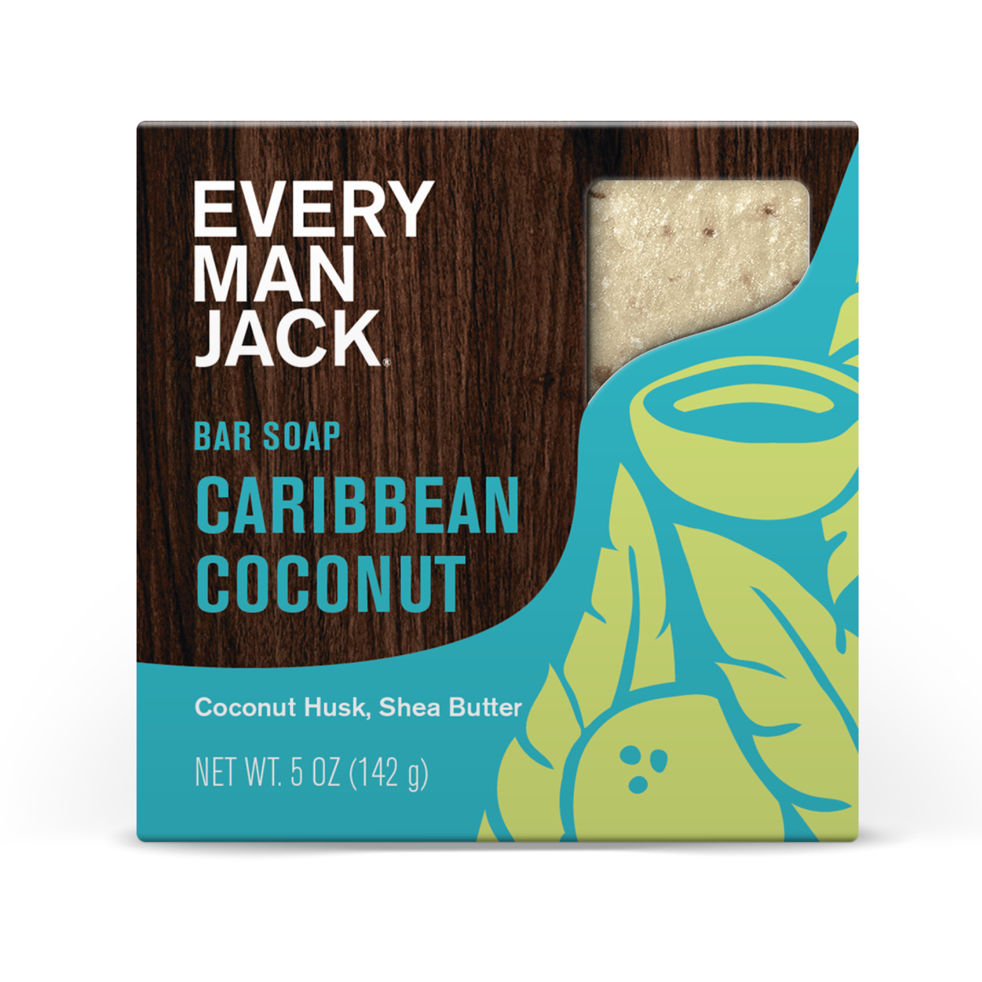 Caribbean Coconut / Standard Bar soap packaging for Caribbean Coconut, featuring coconut husk and shea butter ingredients.