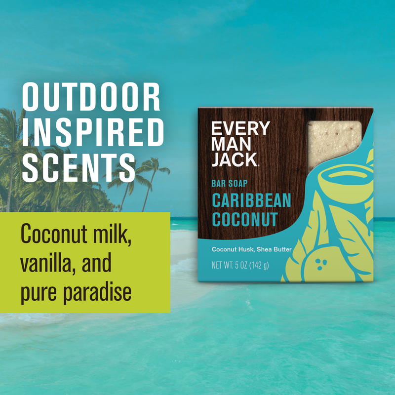 Every Man Jack bar soap — Caribbean Coconut; Coconut milk, vanilla, and pure paradise (NET WT. 5 OZ)