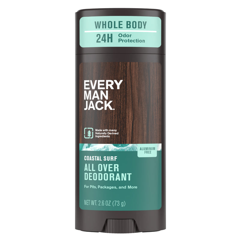Front view of Coastal Surf All Over Deodorant showcasing whole body 24 hour odor protection with a white background