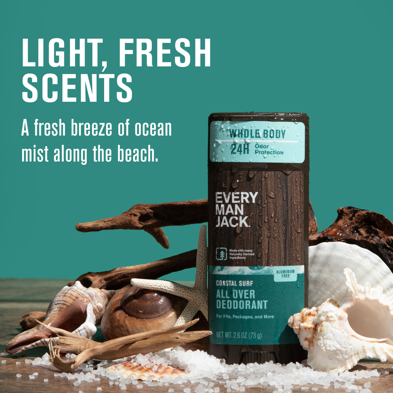 Every Man Jack Coastal Surf all over deodorant stick with seashells and driftwood on table
