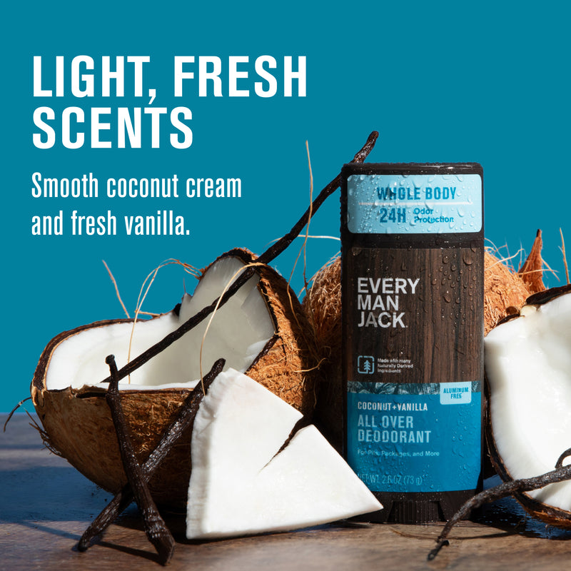 Every Man Jack Coconut + Vanilla deodorant stick with coconut halves and vanilla beans